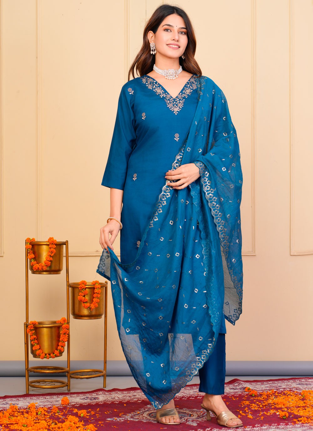 Embroidered Chanderi Pant Style Suit - T4854