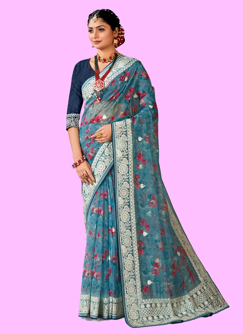 Classic Digital Print Organza Saree - S4443