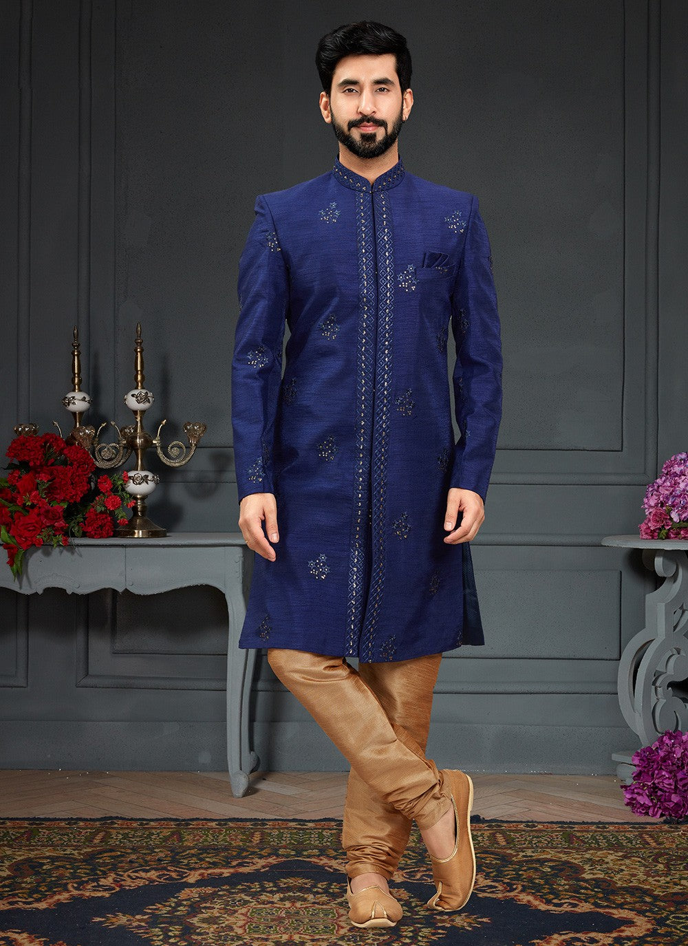 Embroidered Imported, Silk Blue Indo Western - M3438