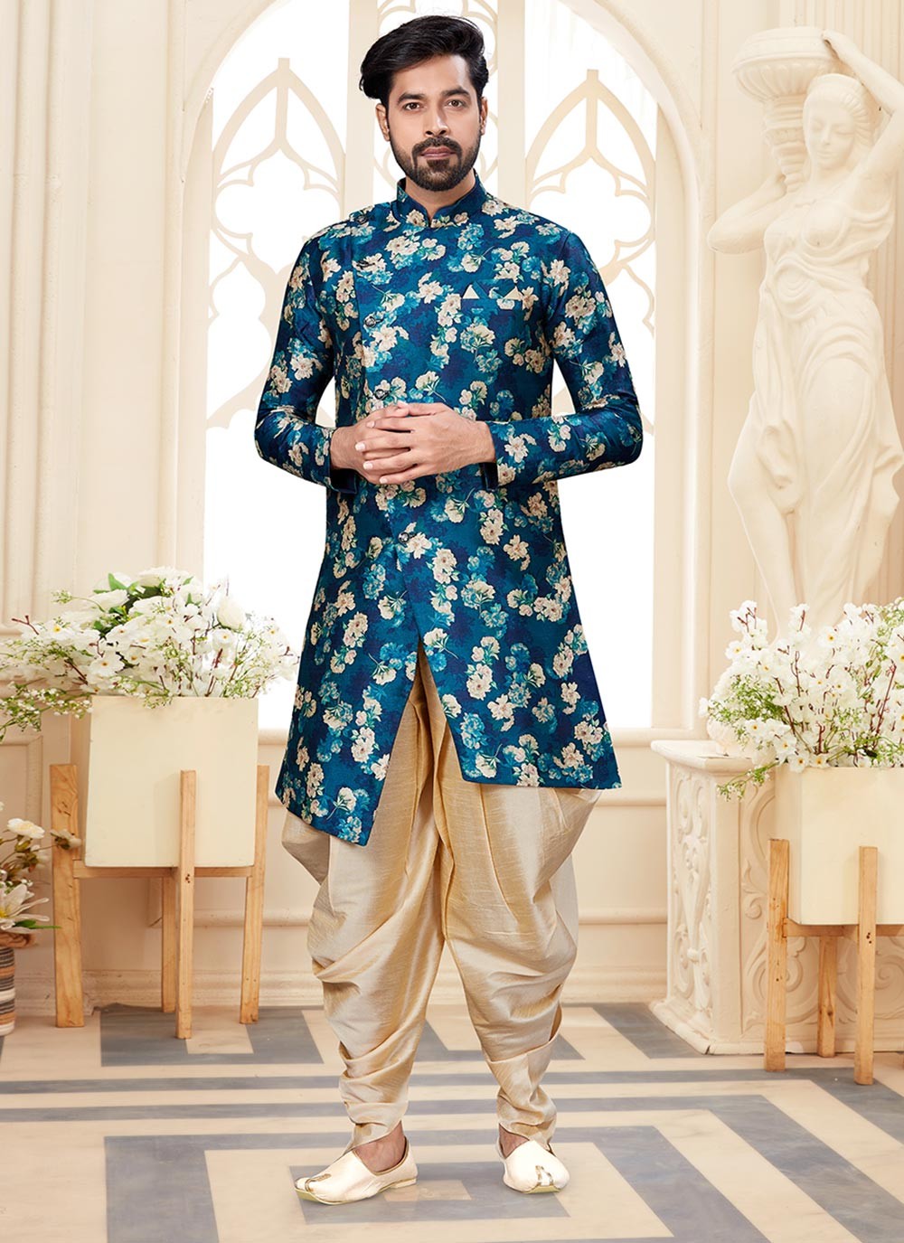 Digital Print Fancy Fabric Blue Indo Western Sherwani - M2939