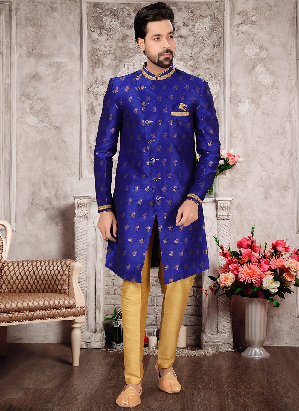 Jacquard Work Fancy Fabric Blue Indo Western Sherwani - M2980