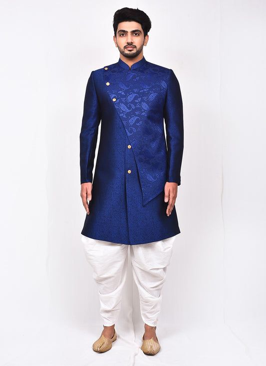 Buttons Art Silk, Jacquard Blue Indo Western Sherwani - M3285