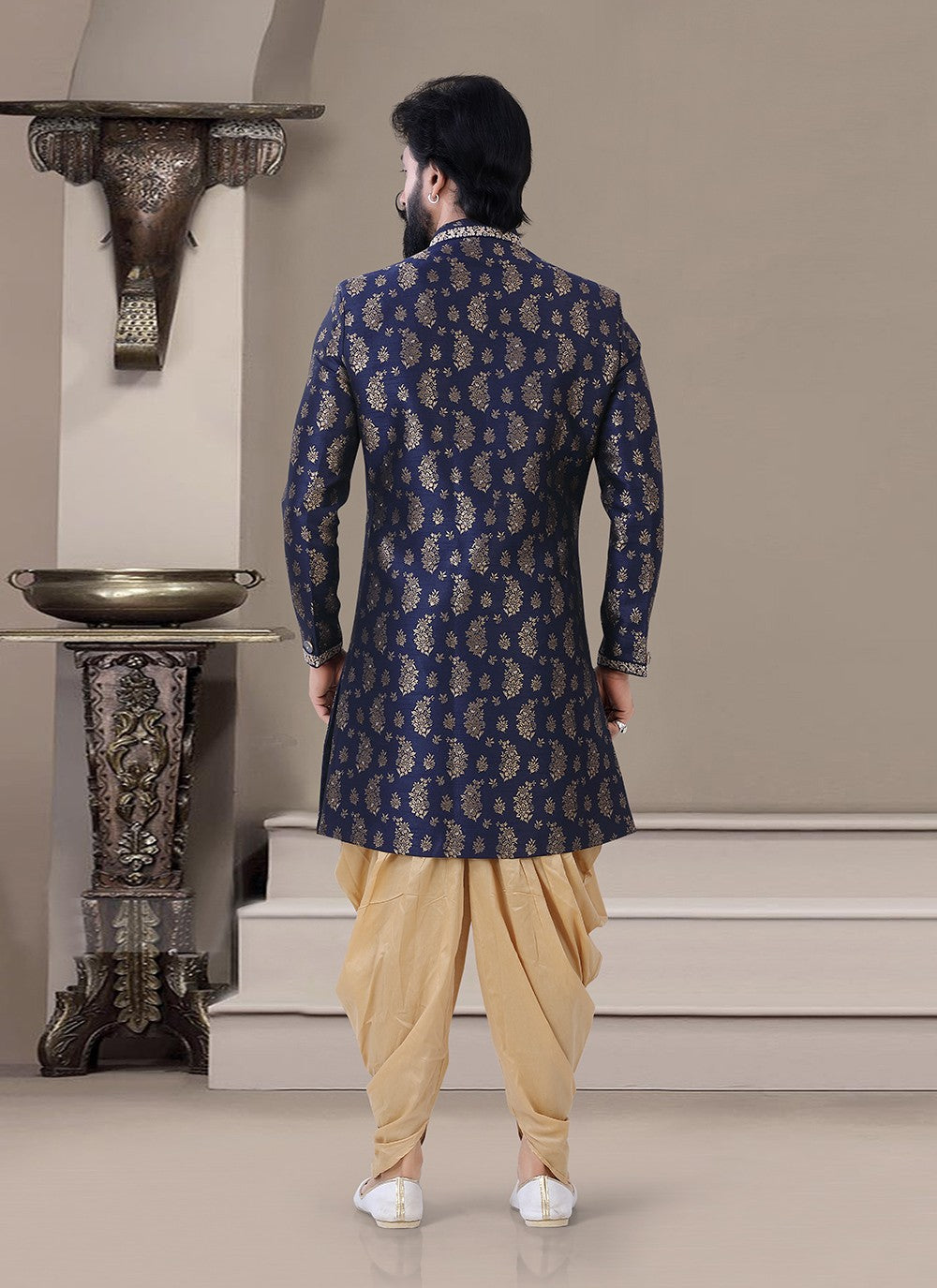 Embroidered Jacquard Blue Indo Western Sherwani - M3452