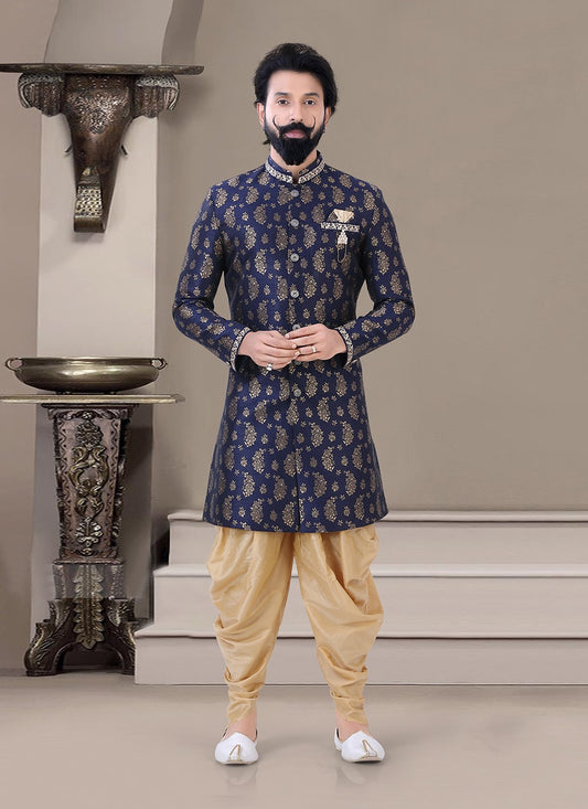 Embroidered Jacquard Blue Indo Western Sherwani - M3452