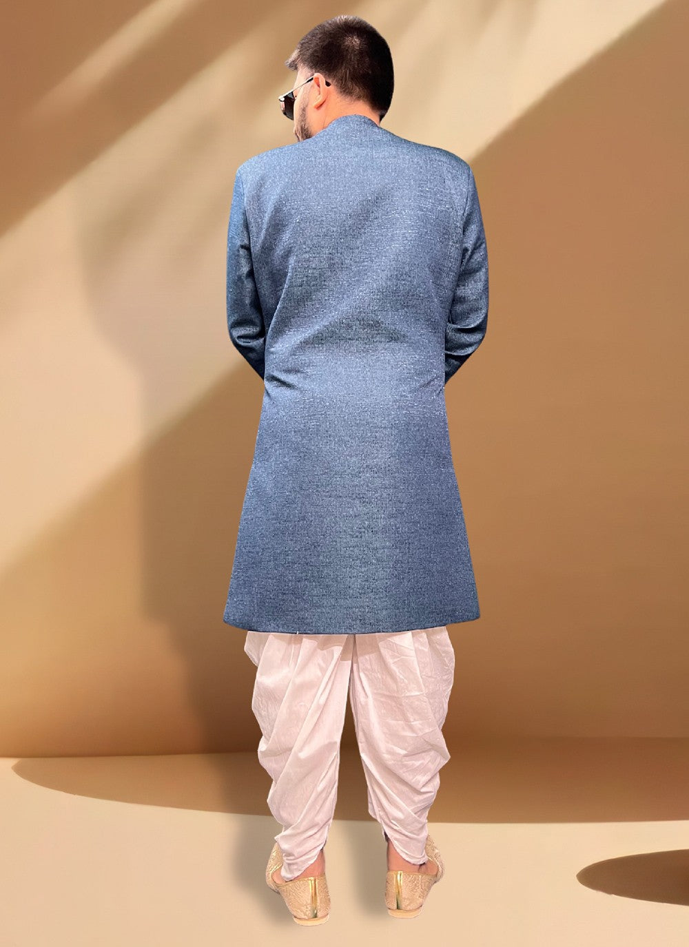 Woven Jacquard Blue Indo Western Sherwani - M5344