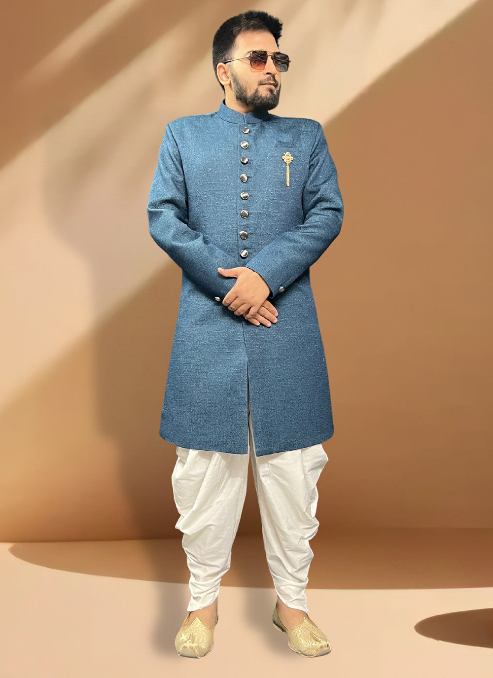 Woven Jacquard Blue Indo Western Sherwani - M5344