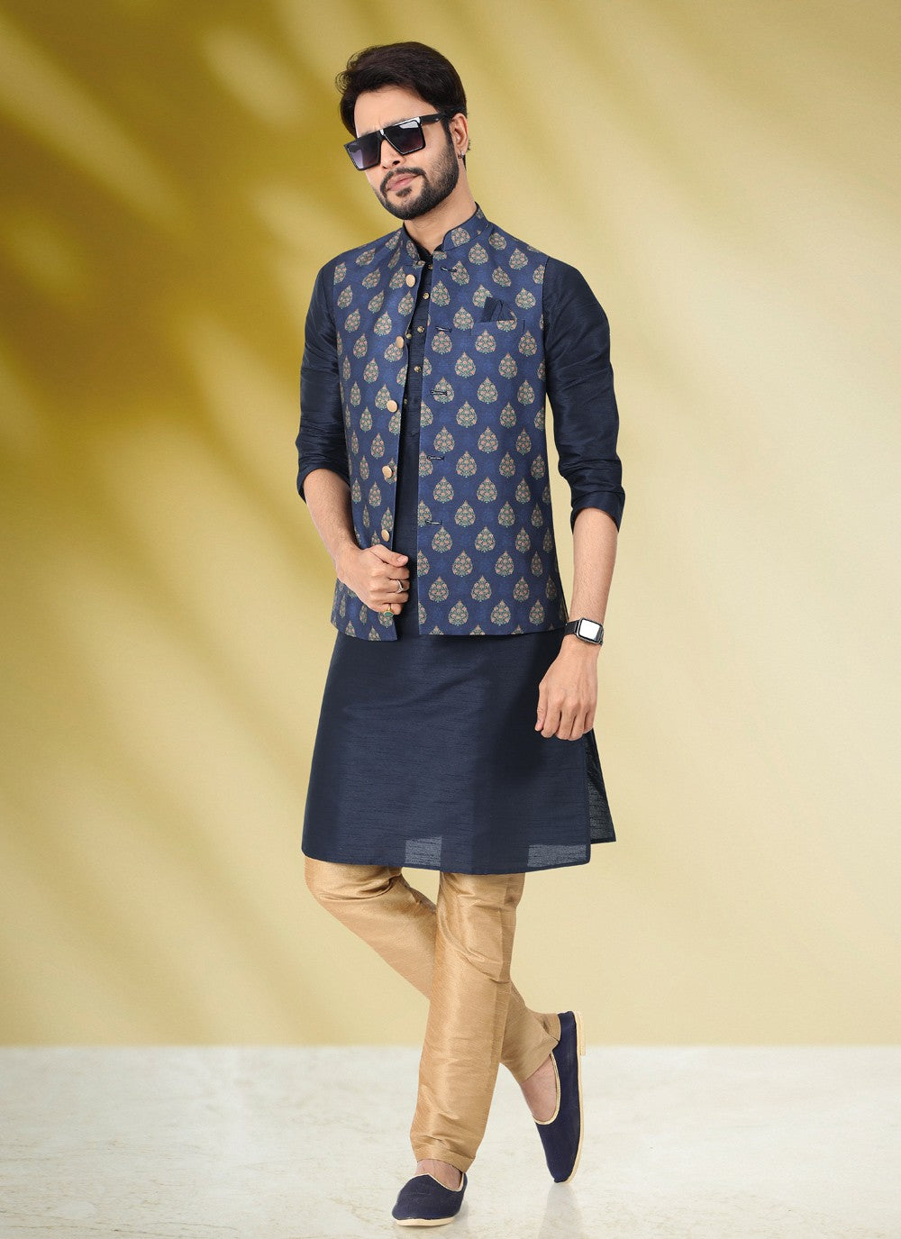 Printed Banarasi Silk Blue Kurta Payjama With Jacket - M4586