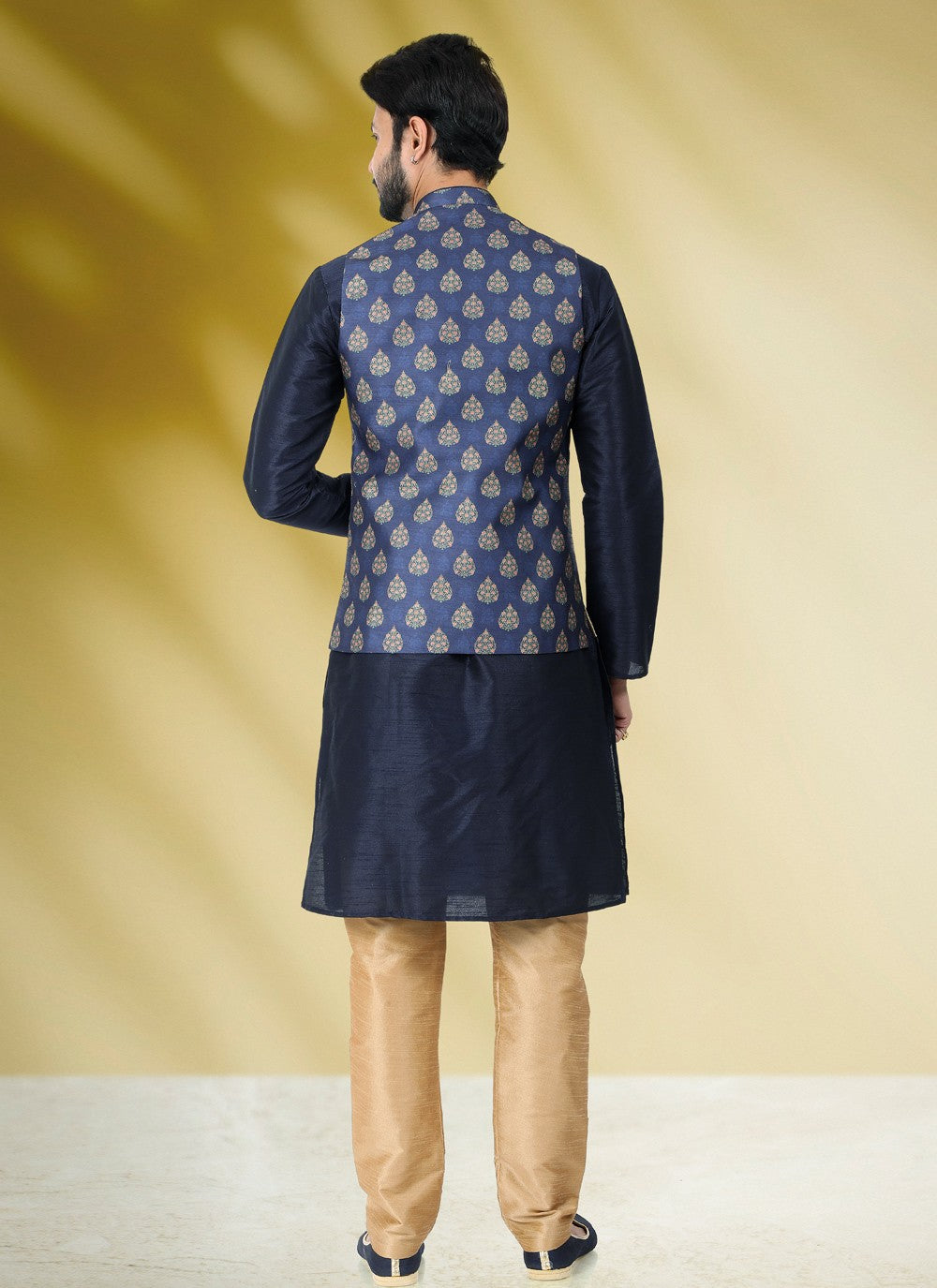 Printed Banarasi Silk Blue Kurta Payjama With Jacket - M4586