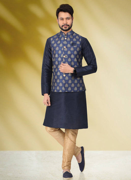 Printed Banarasi Silk Blue Kurta Payjama With Jacket - M4586