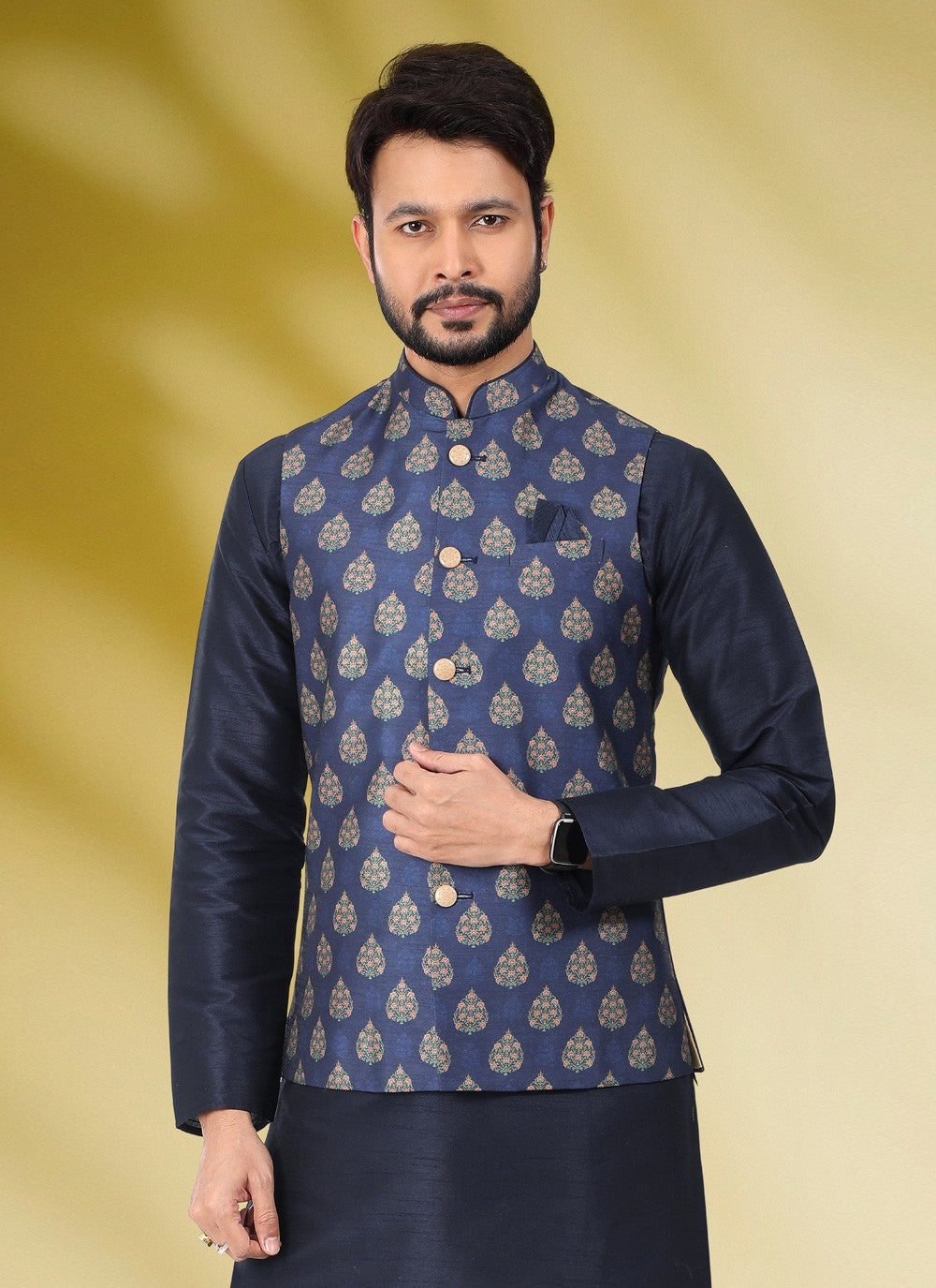 Printed Banarasi Silk Blue Kurta Payjama With Jacket - M4586