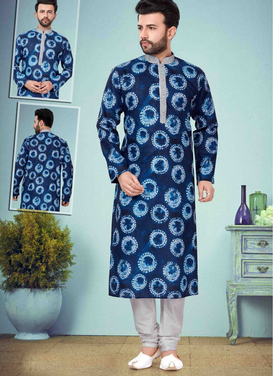 Printed Cotton Silk Blue Kurta Pyjama - M1639