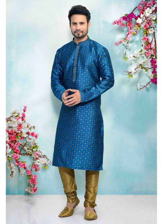 Printed Jacquard Silk Blue Kurta Pyjama - M1683