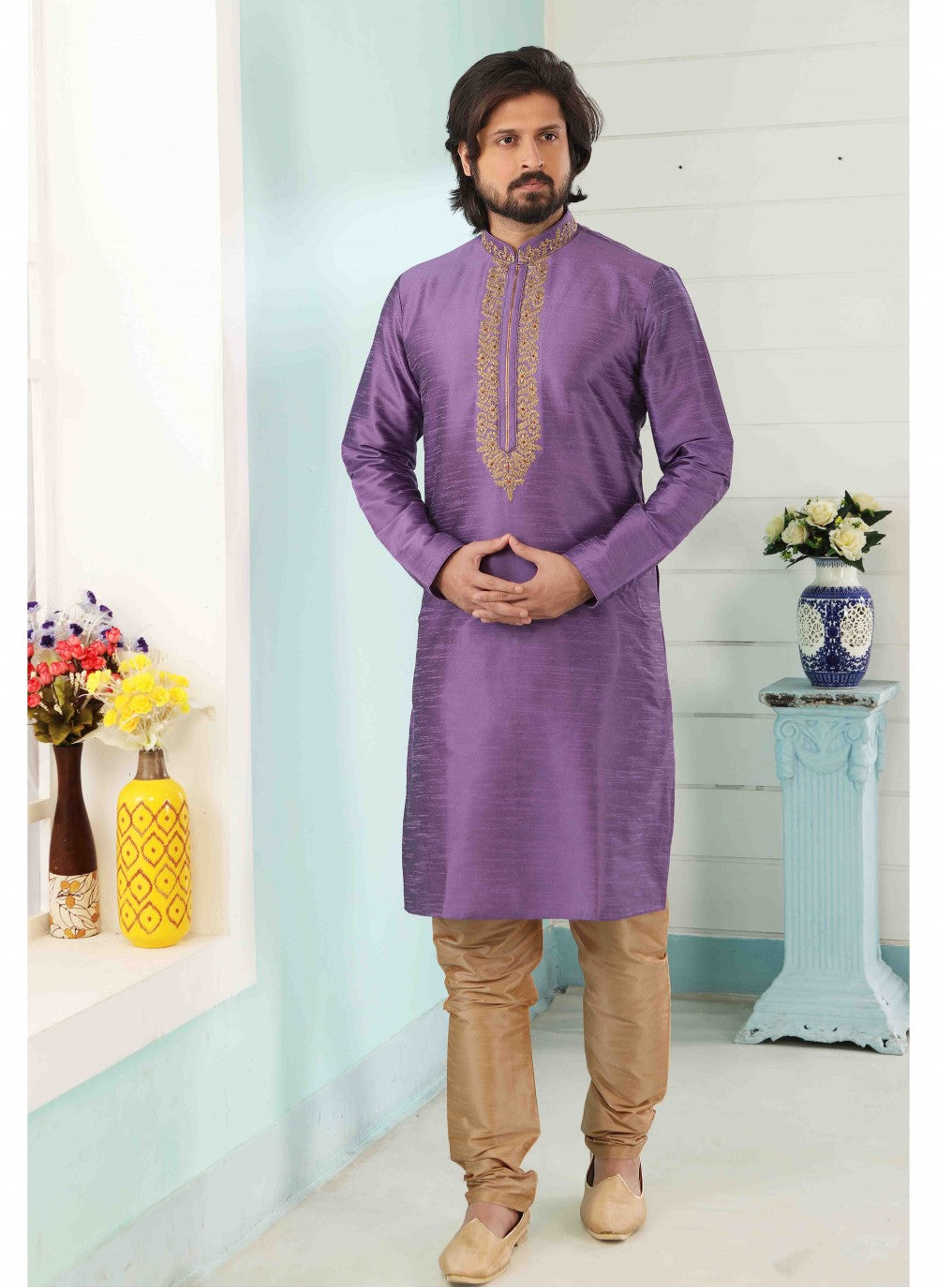 Embroidered Banarasi Silk Lavender Kurta Pyjama - M1813