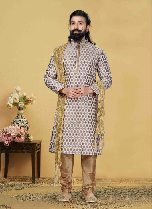 Embroidered Jacquard Silk Beige Kurta Pyjama - M1855