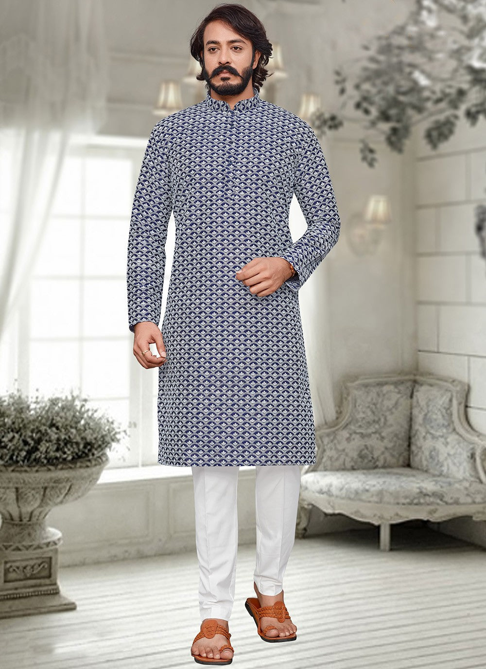 Lucknowi Work Silk Blue Kurta Pyjama - M1939