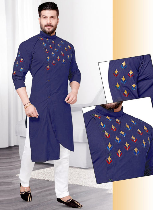 Resham Cotton Blue Kurta Pyjama - M2221