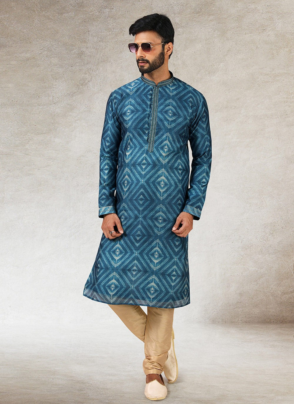 Printed Art Silk Blue Kurta Pyjama - M2847