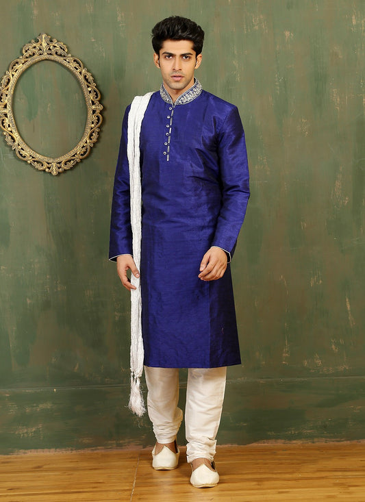 Embroidered Art Dupion Silk Blue Kurta Pyjama - M3292