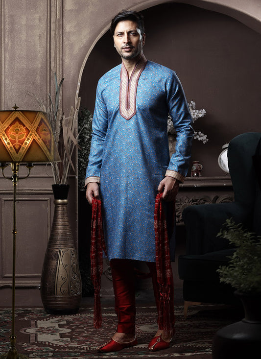 Printed Cotton Blue Kurta Pyjama - M3625