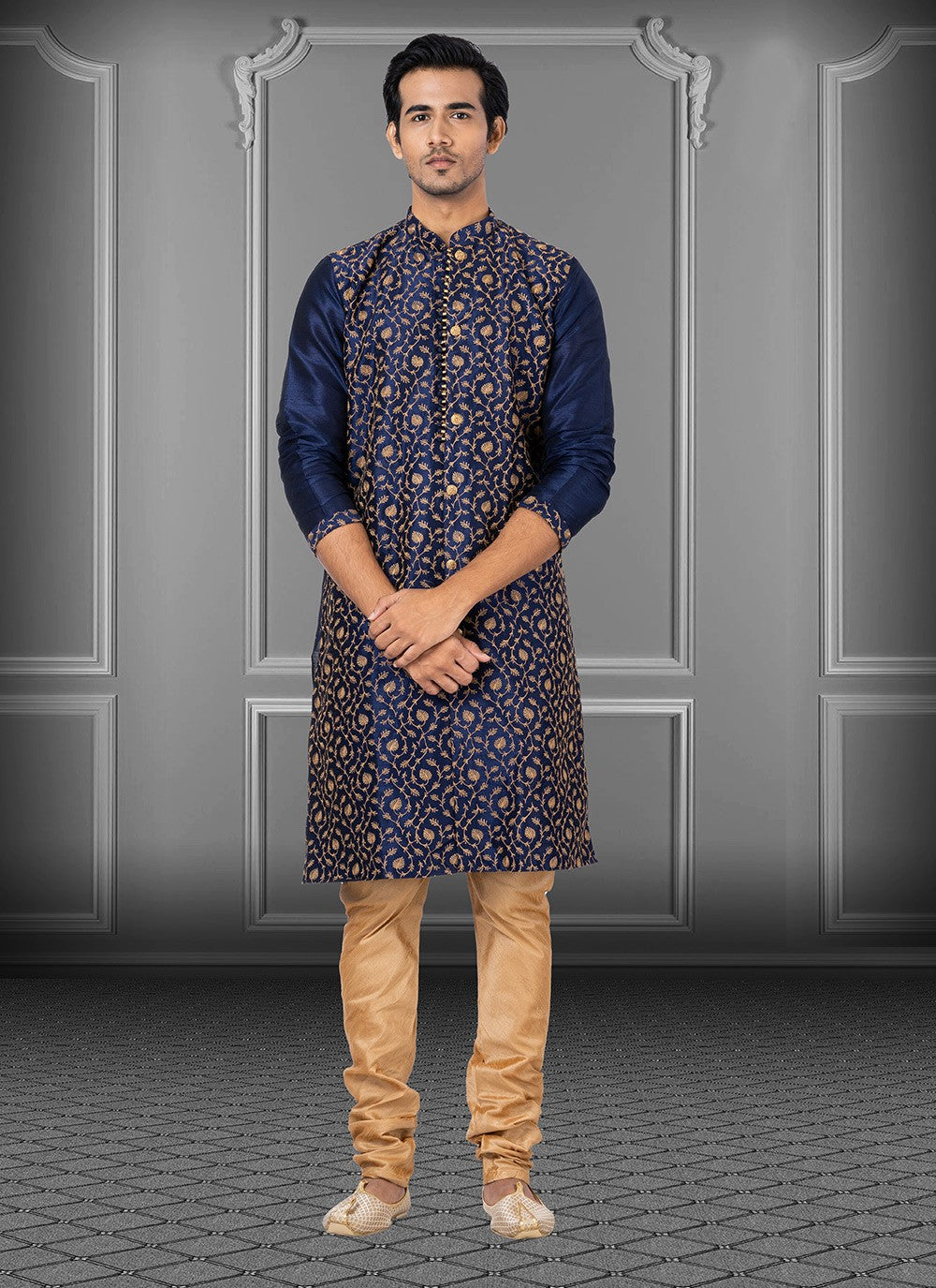 Embroidered Dupion Silk Blue Kurta Pyjama - M3704