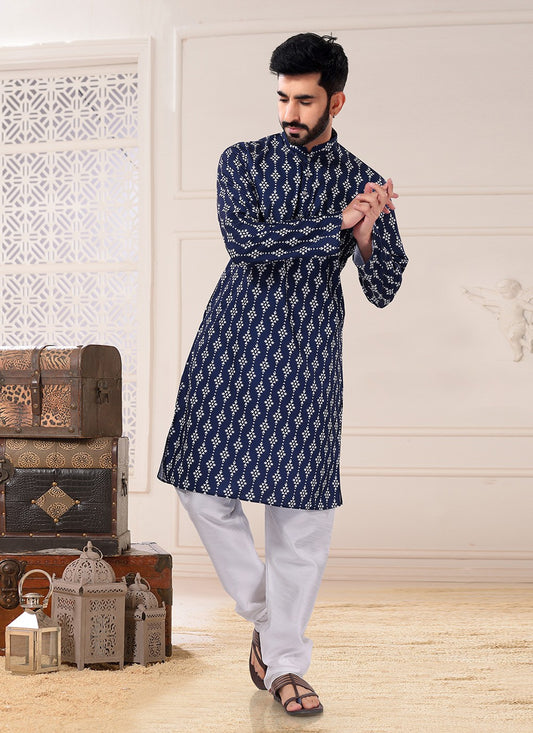 Fancy Work Cotton Blue Kurta Pyjama - M4707