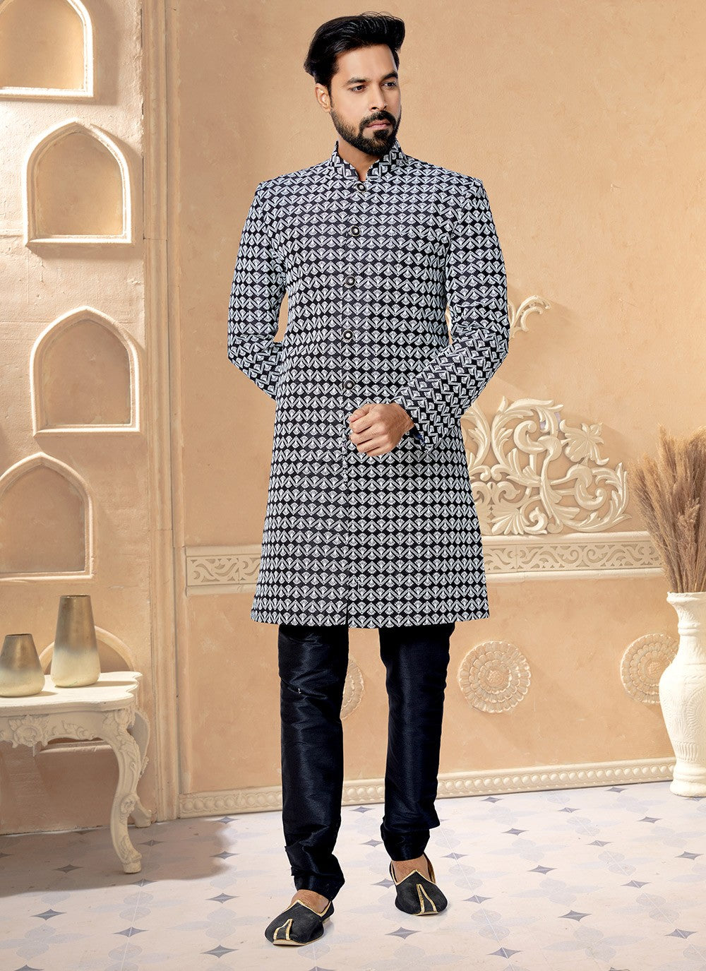 Embroidered Silk Blue Kurta Pyjama - M4966