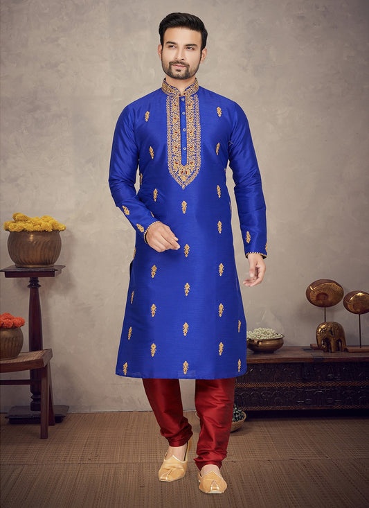 Embroidered Art Silk Blue Kurta Pyjama - M5873