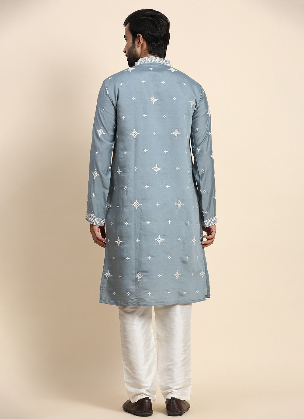 Embroidered Silk Blue Kurta Pyjama - M8445