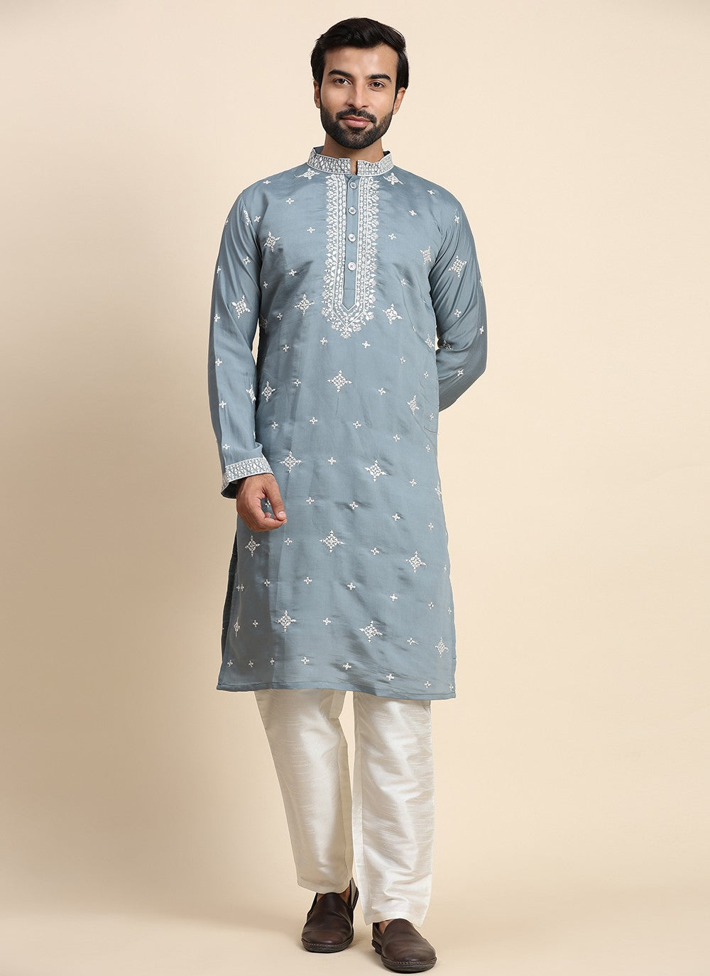 Embroidered Silk Blue Kurta Pyjama - M8445