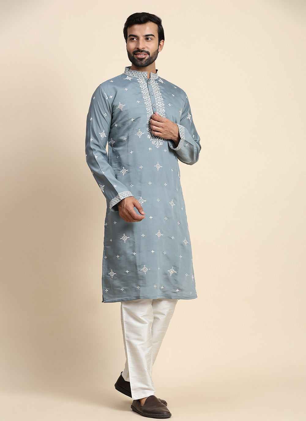 Embroidered Silk Blue Kurta Pyjama - M8445