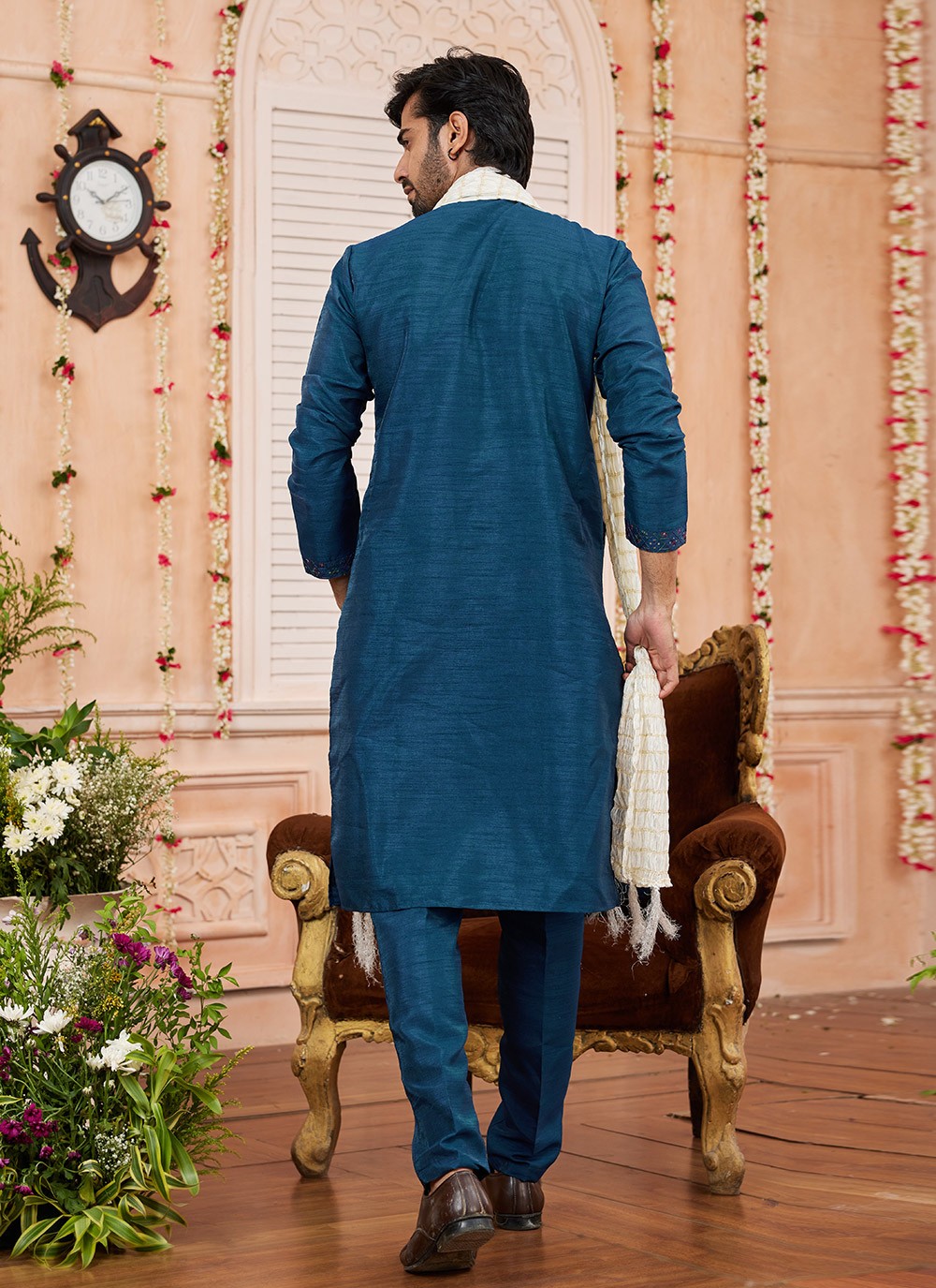 Patch Banarasi Silk Blue Kurta Pyjama - M8743