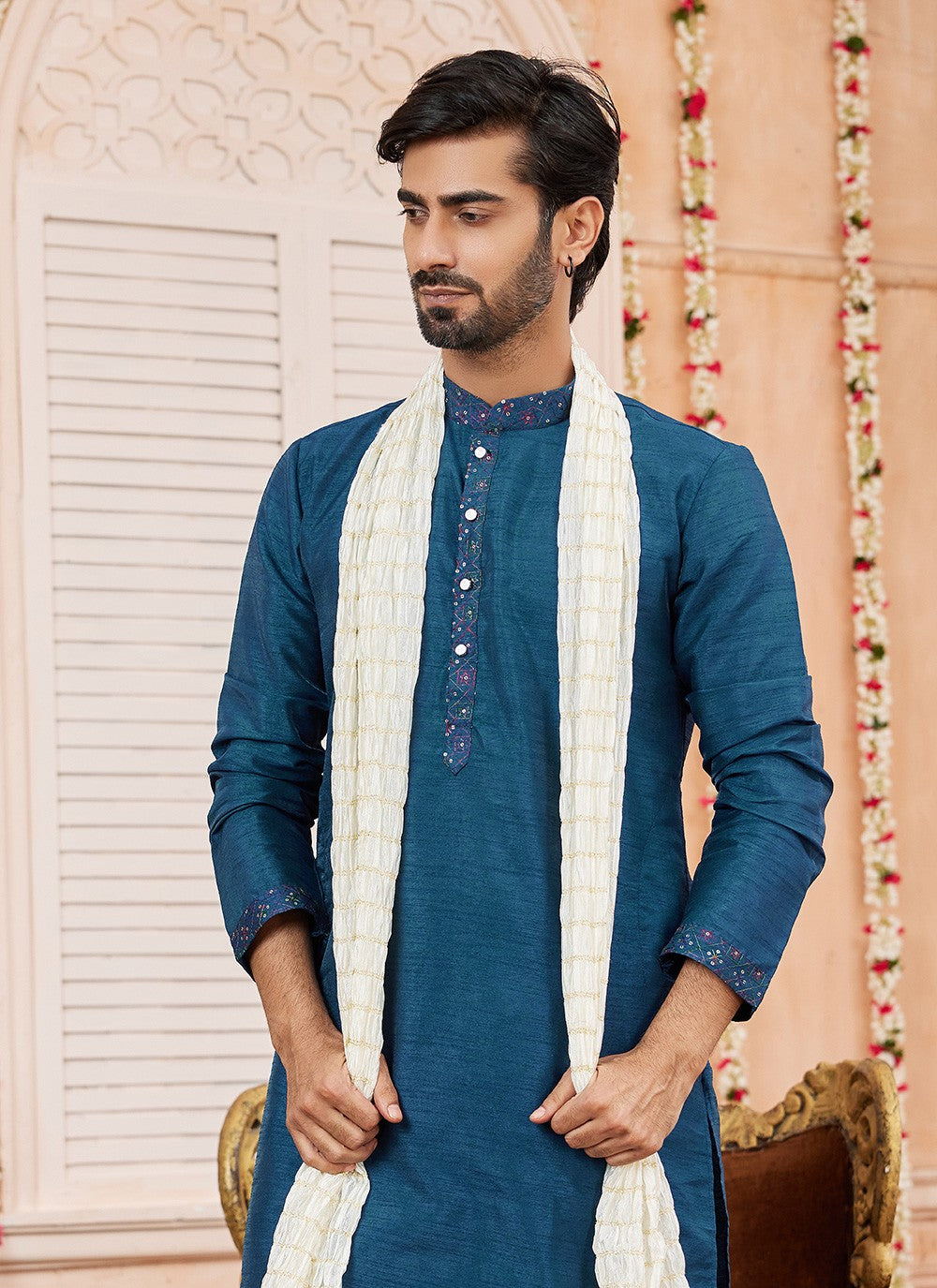 Patch Banarasi Silk Blue Kurta Pyjama - M8743