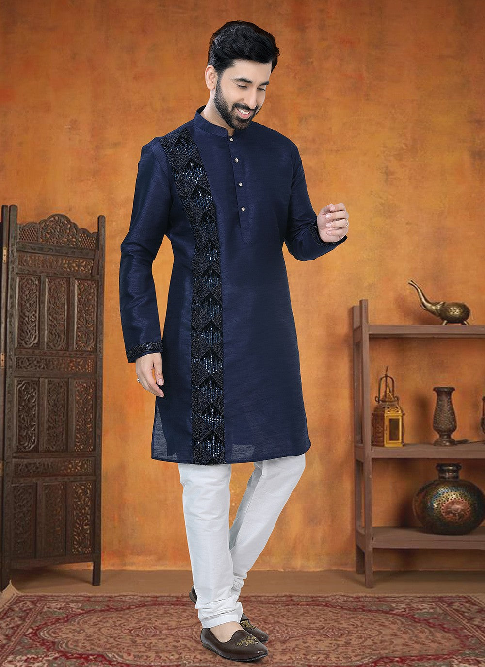 Patch Silk Blue Kurta Pyjama - M8763