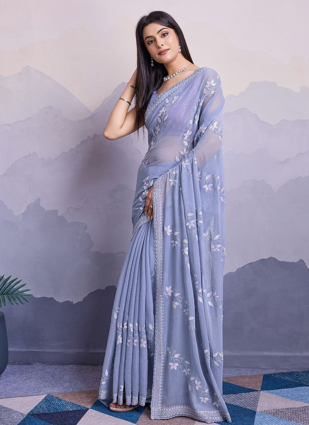 Trendy Embroidered Chiffon Saree - S8561