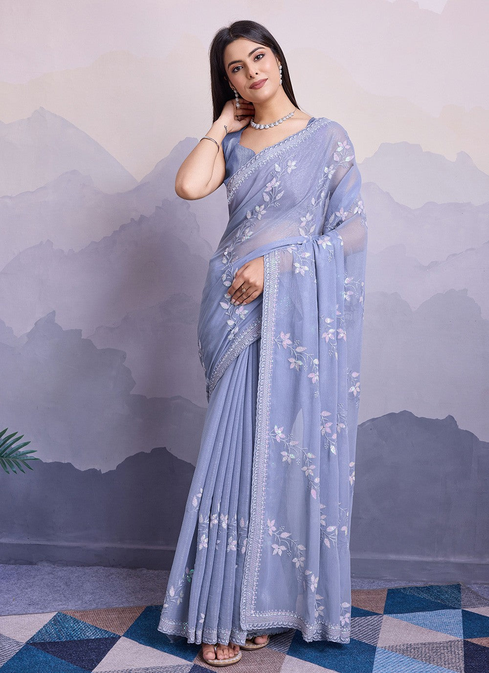 Trendy Embroidered Chiffon Saree - S8561