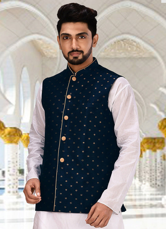 Fancy Work Cotton Blue Nehru Jackets - M2750