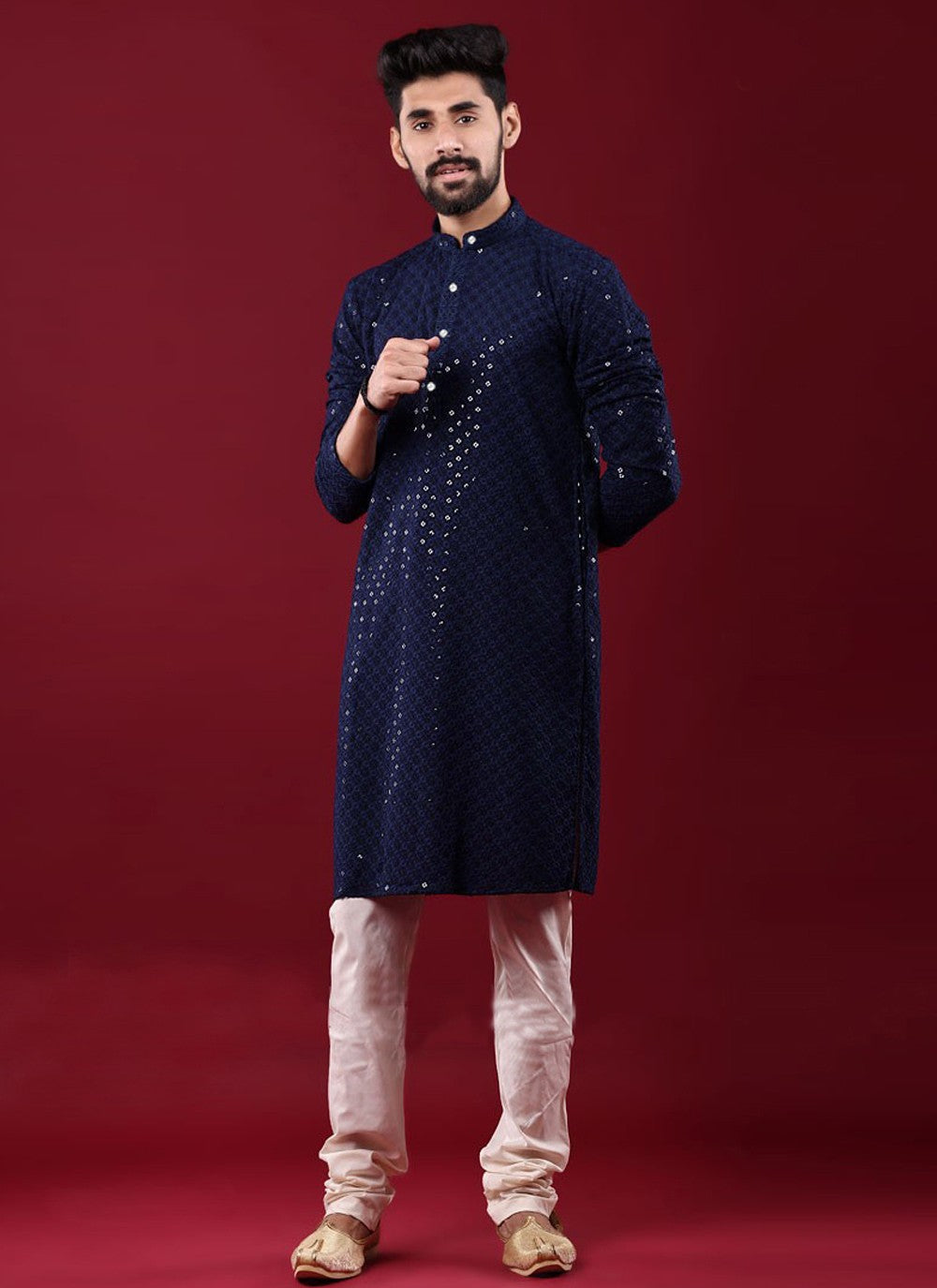 Chikankari Work Cotton Blue Kurta Pyjama - M4461