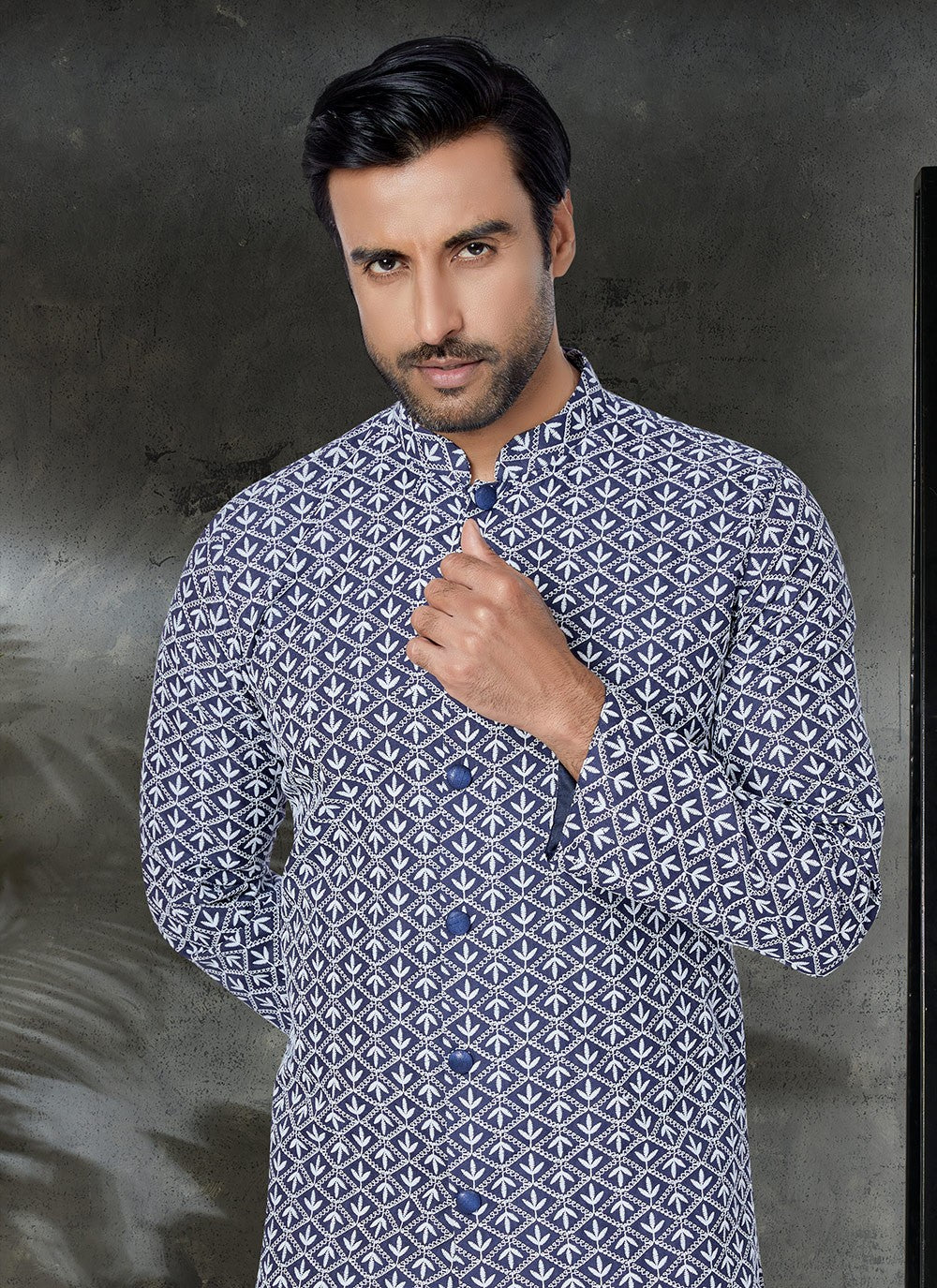 Embroidered Cotton Blue Kurta Pyjama - M4955