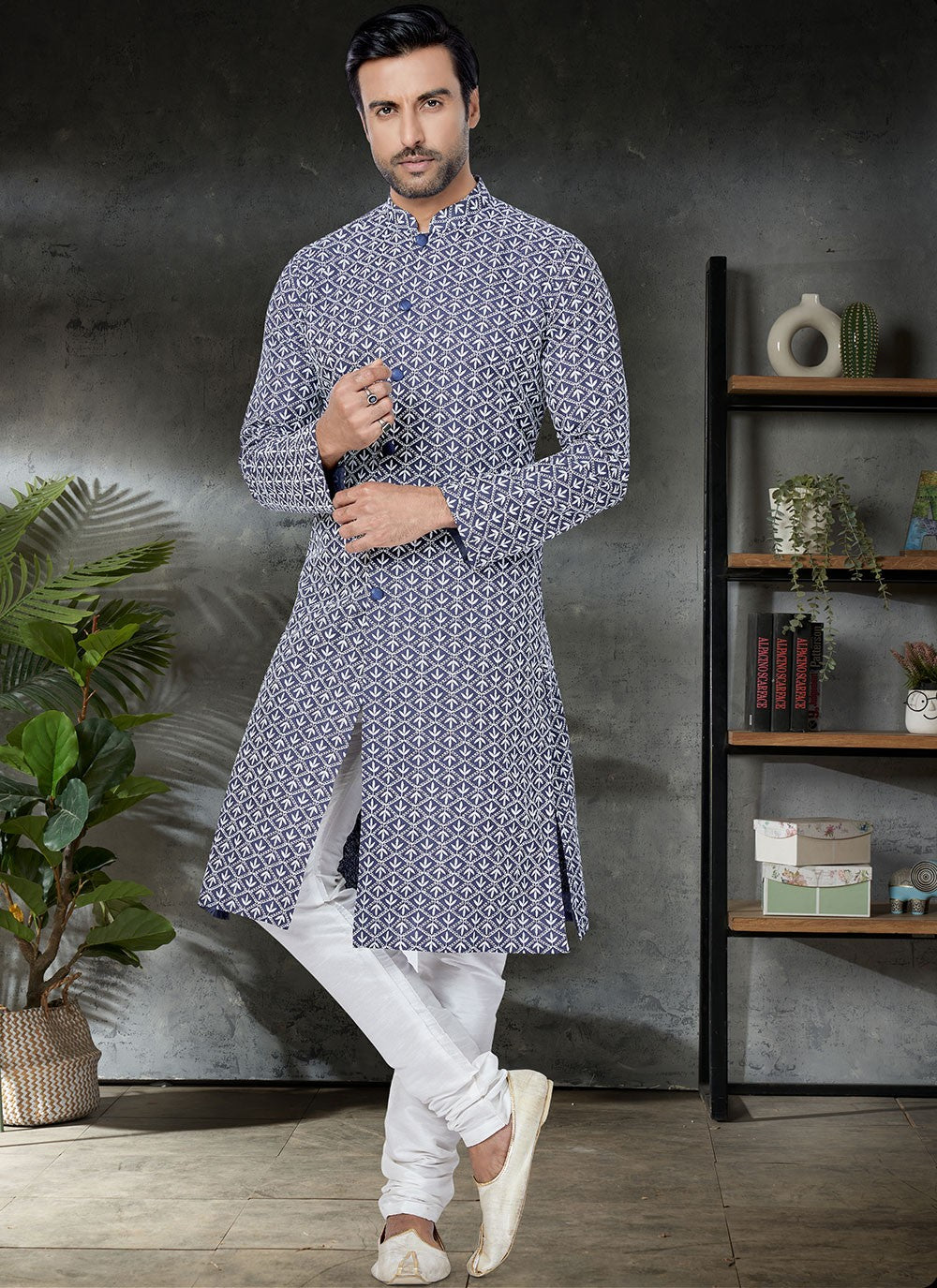 Embroidered Cotton Blue Kurta Pyjama - M4955