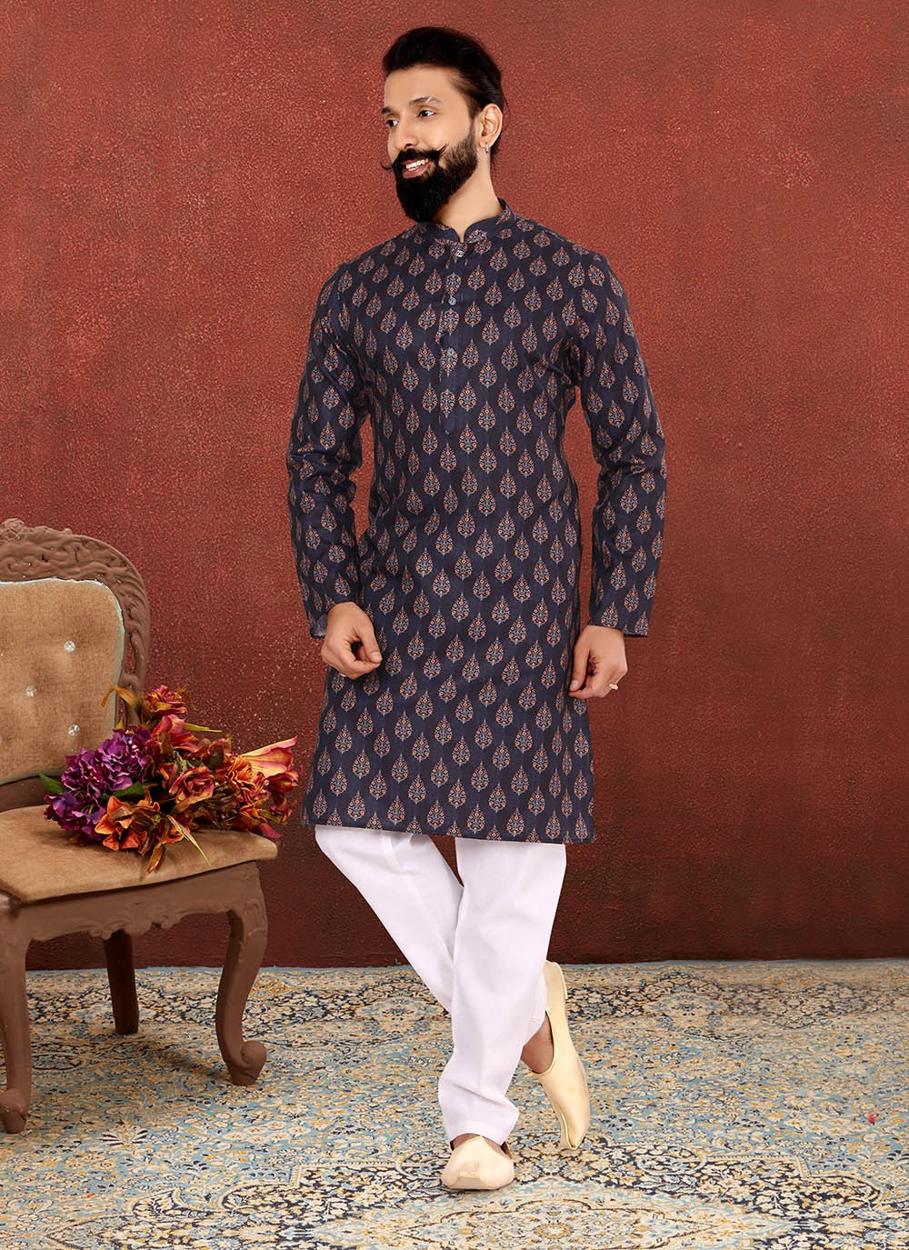 Printed Cotton Blue Kurta Pyjama - M2596