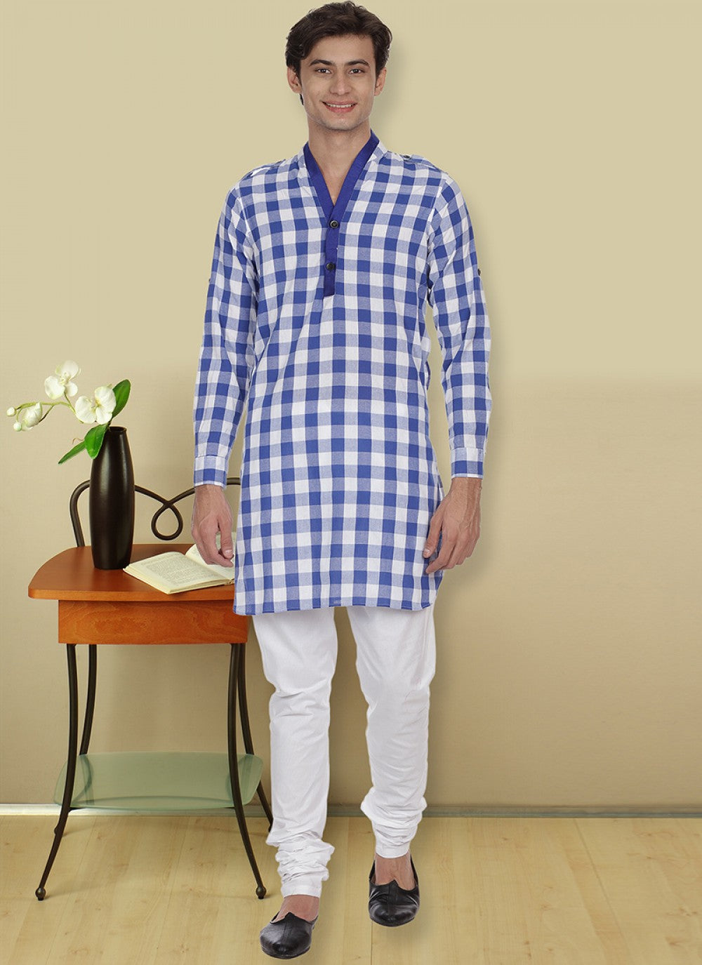 Patch Cotton Blue Kurta Pyjama - M1121