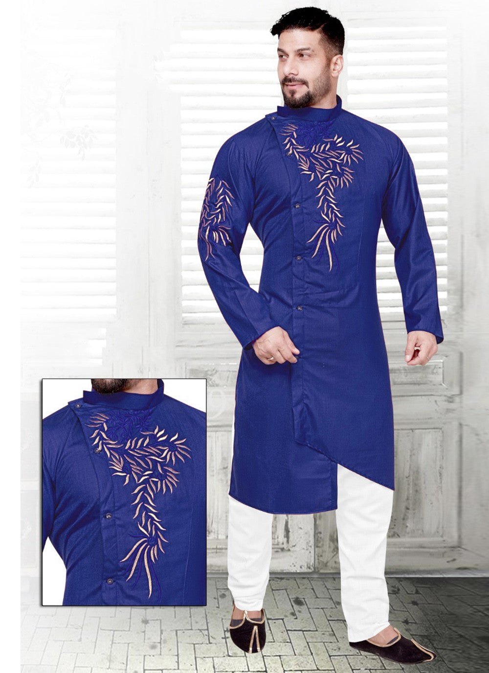 Resham Cotton Blue Kurta Pyjama - M2222