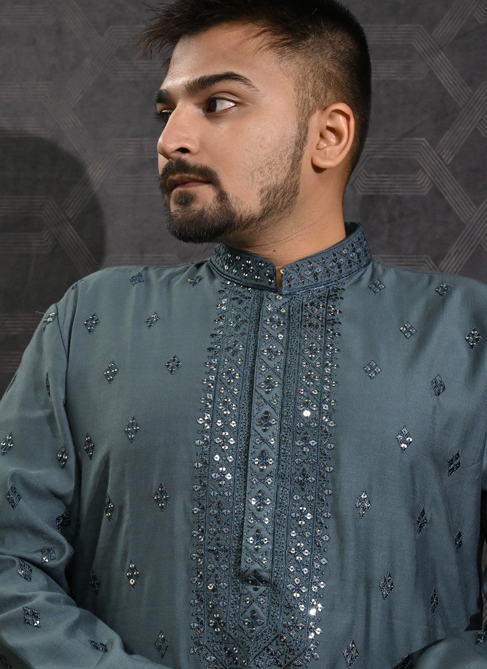 Embroidered Cotton Silk Blue Kurta Pyjama - M6187