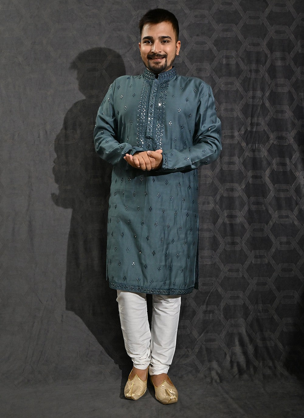 Embroidered Cotton Silk Blue Kurta Pyjama - M6187