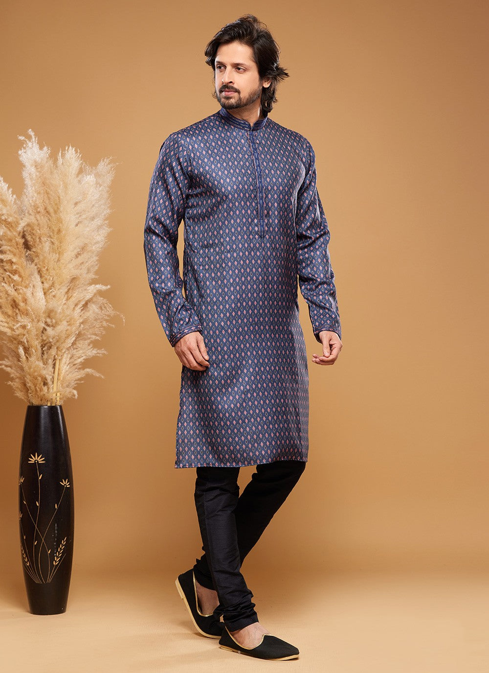 Digital Print Art Silk Blue Kurta Pyjama - M6024