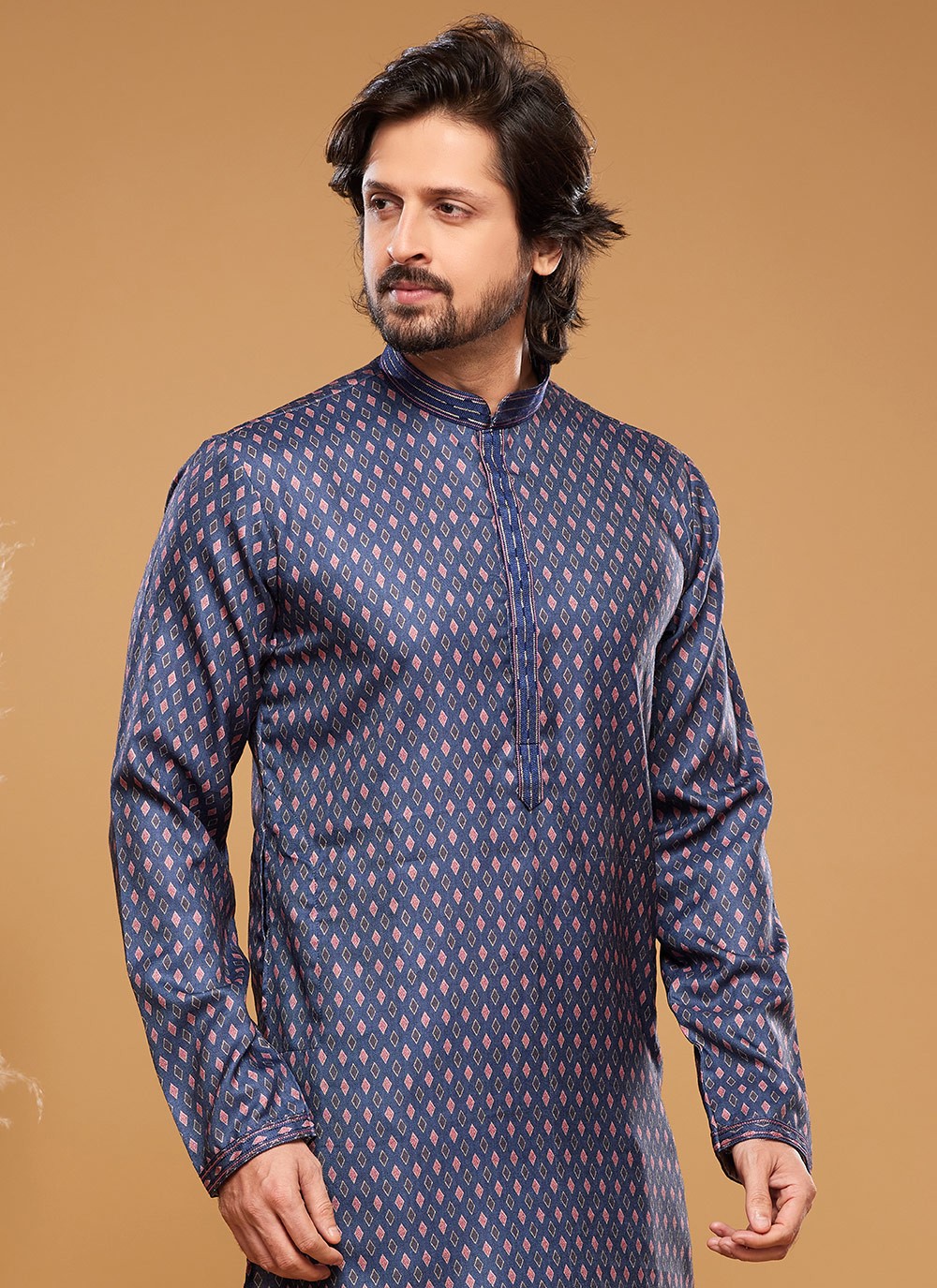 Digital Print Art Silk Blue Kurta Pyjama - M6024