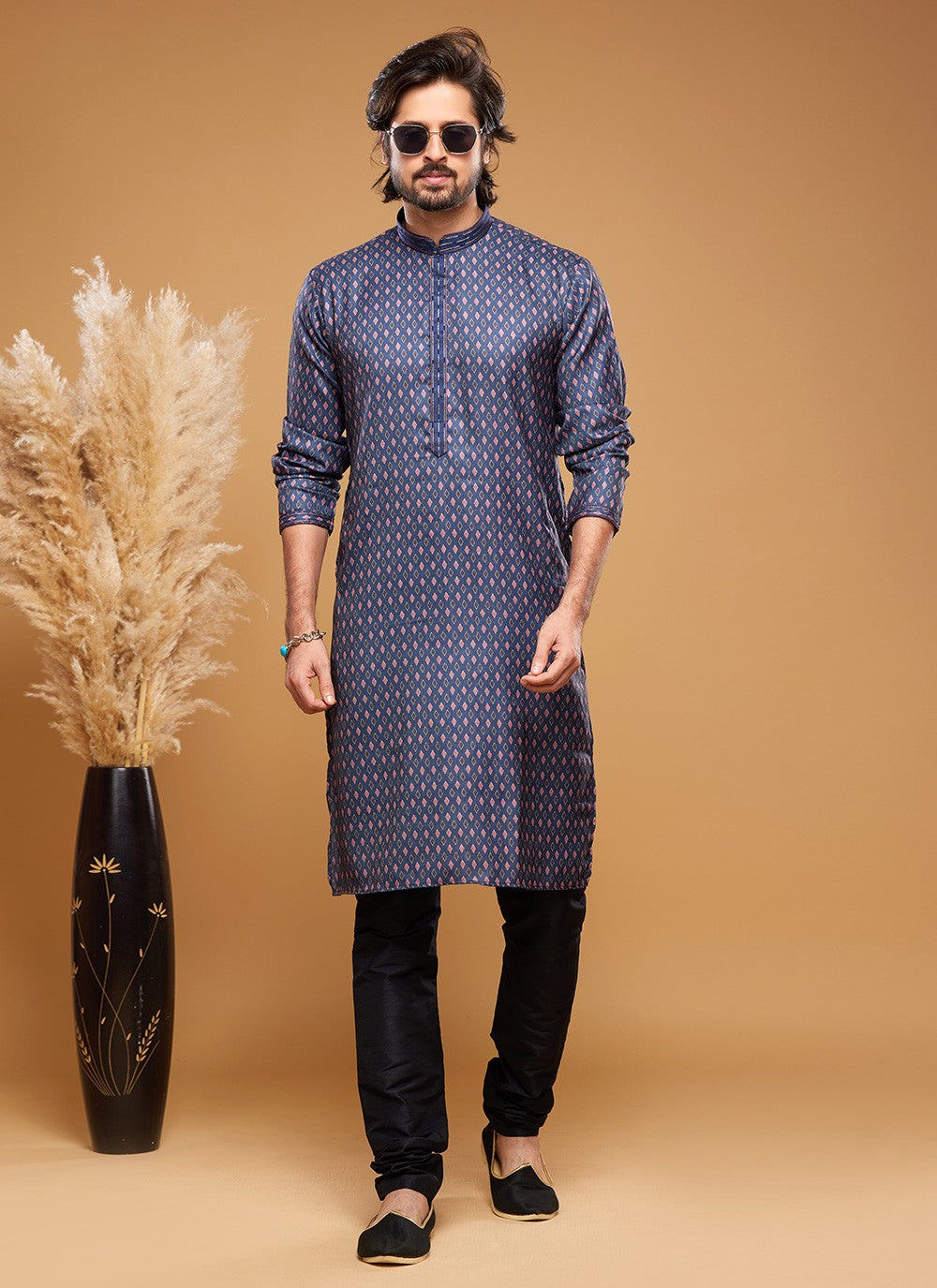 Digital Print Art Silk Blue Kurta Pyjama - M6024