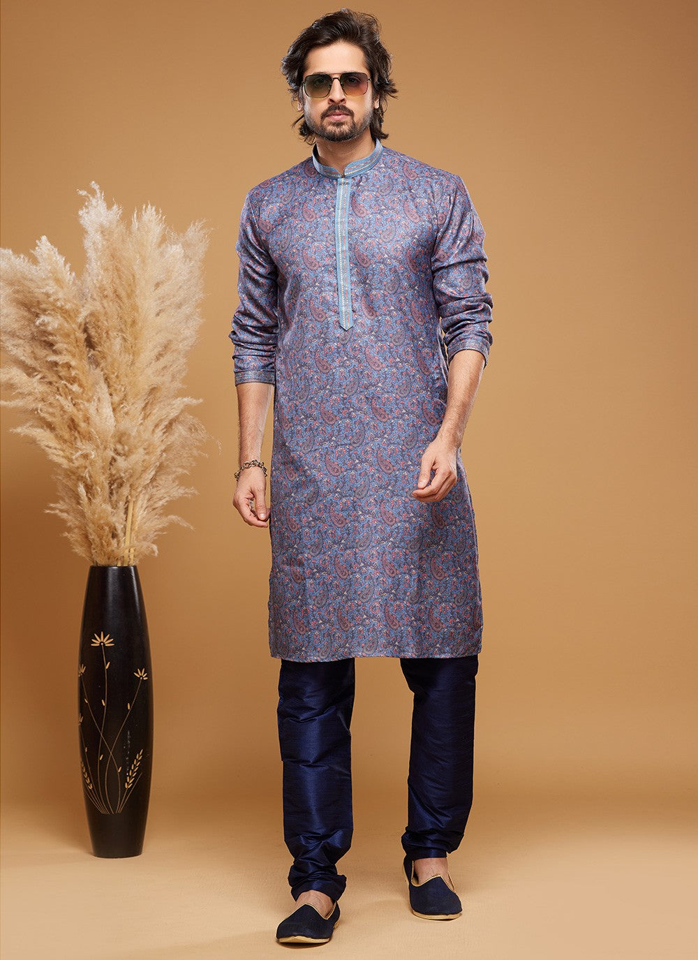 Digital Print Art Silk Blue Kurta Pyjama - M6028