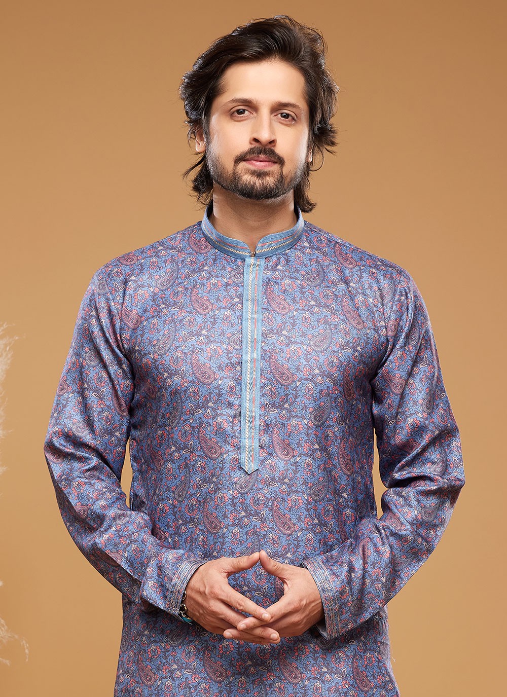 Digital Print Art Silk Blue Kurta Pyjama - M6028