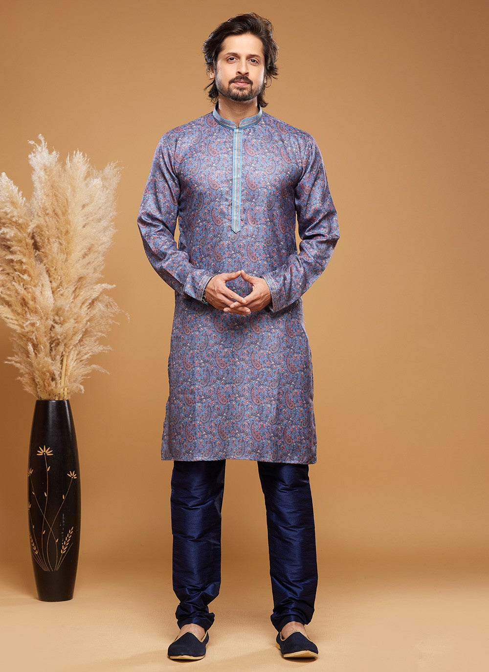 Digital Print Art Silk Blue Kurta Pyjama - M6028